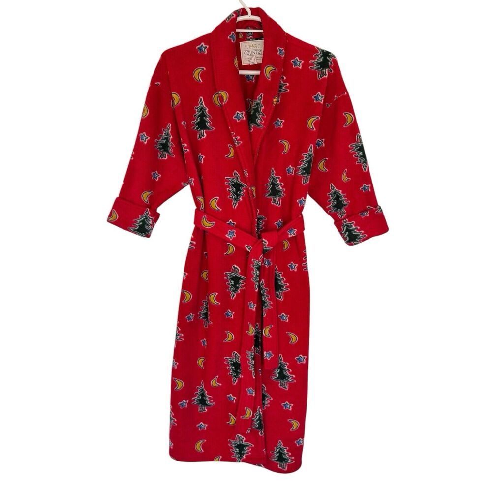Erika Taylor Country Full Length Christmas Tree Fleece Warm Robe Red EUC Size L